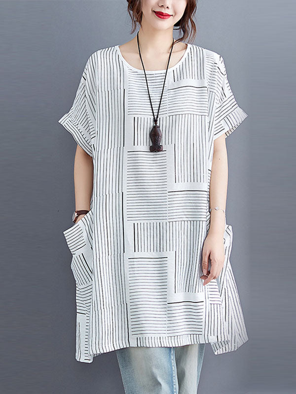 Striped Loose Short Sleeves Round-Neck T-Shirts