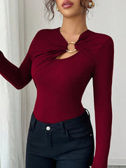 Solid Color Split-Joint Long Sleeves Skinny Asymmetric Collar T-Shirts