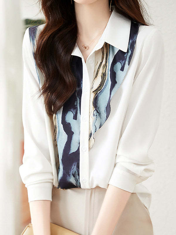 Buttoned Printed Long Sleeves Loose Lapel Blouses&Shirts Tops