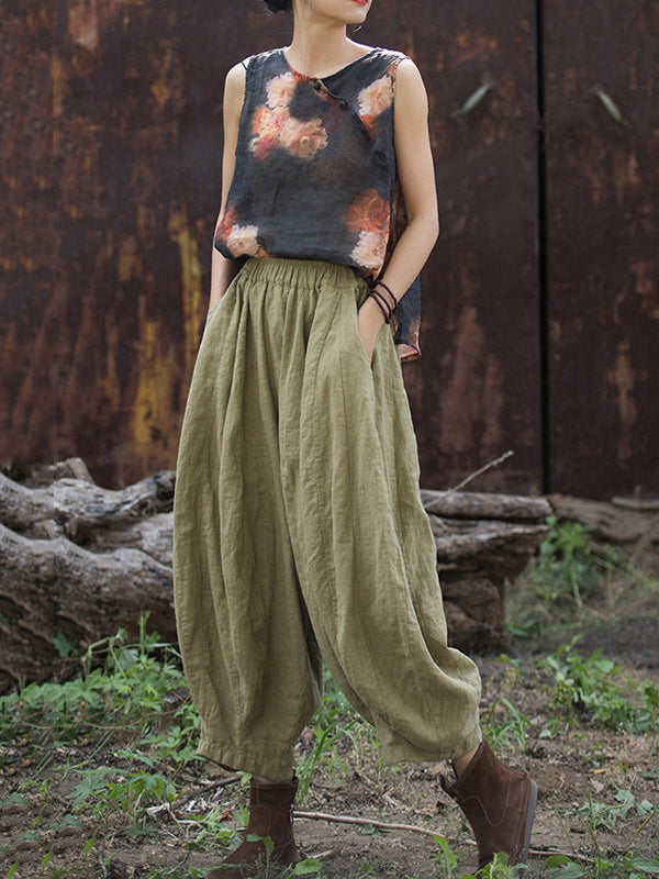 Elasticity Pleated Pockets Solid Color Split-Joint Bloomers Loose Casual Pants Bottoms