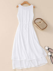 Double Layered Solid Color Tied Waist A-line Loose Round-neck Midi Dresses