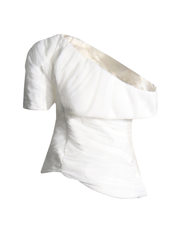 Solid Color Asymmetric Loose Pleated One-Shoulder T-shirt Top + High Waisted Zipper Pants Bottom Two Pieces Set