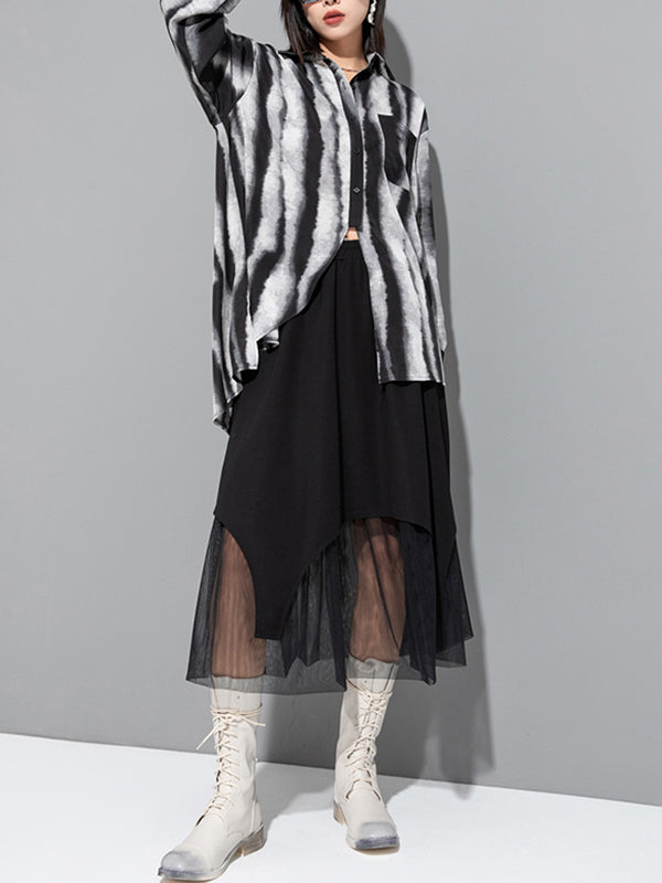 Split-back Tie-dyed Irregular clipping Long Sleeves Lapel Shirts Tops