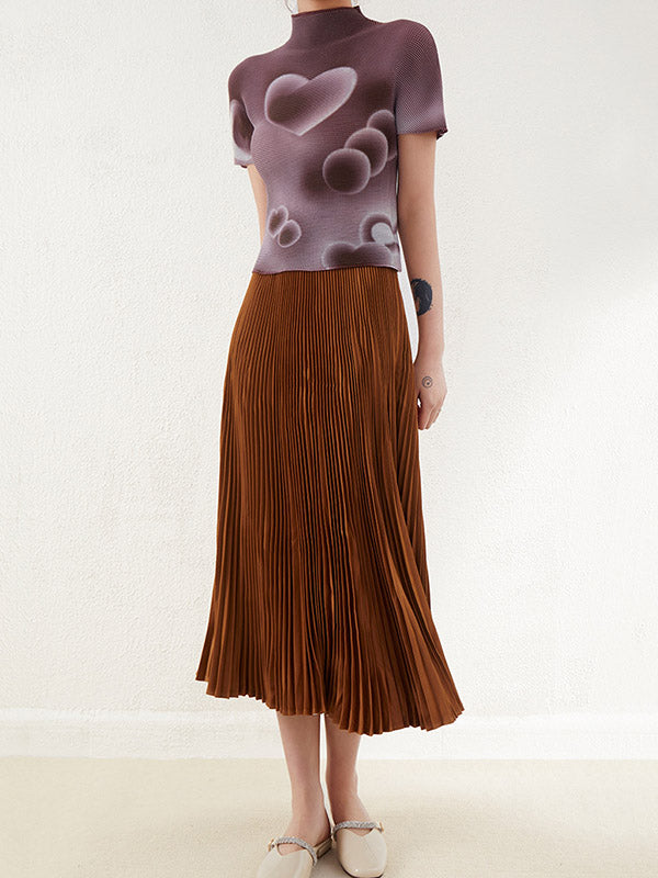 Heart Shape Pleated Short Sleeves Mock Neck T-Shirts Tops