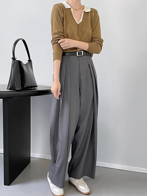 Casual Loose Wide Leg Pleated Solid Color Pants