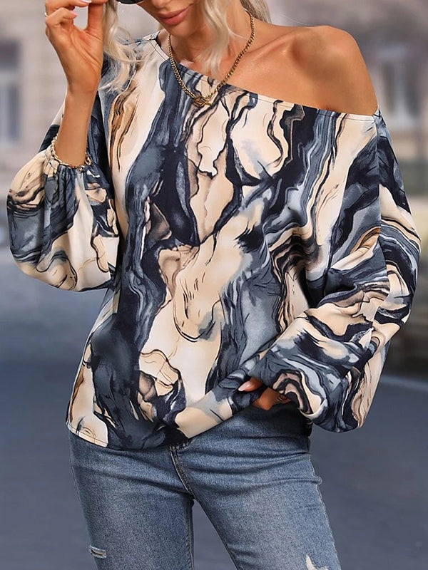Asymmetric Printed Long Sleeves Loose One-Shoulder Blouses&Shirts Tops