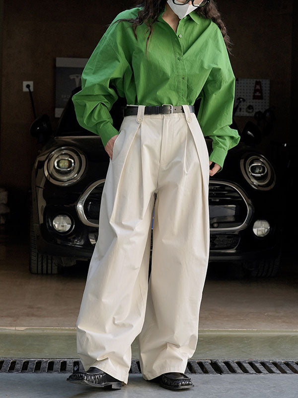 Pleated Solid Color High Waisted Wide Leg Trousers Casual Pants Bottoms