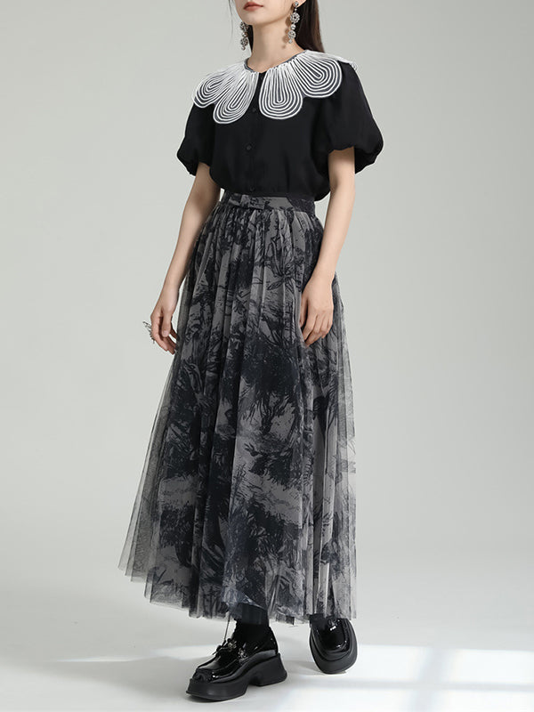 Gauze Pleated Printed Split-Joint A-Line Loose Skirts