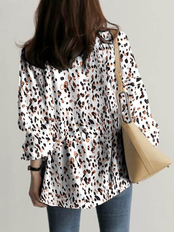 Drawstring Elasticity Leopard Tied Long Sleeves Loose V-neck Blouses&shirts Tops
