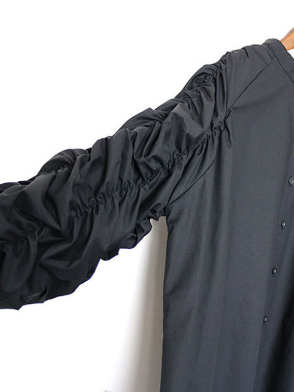 Elasticity Pleated Solid Color Split-Joint High-Low Long Sleeves Round-Neck Blouses