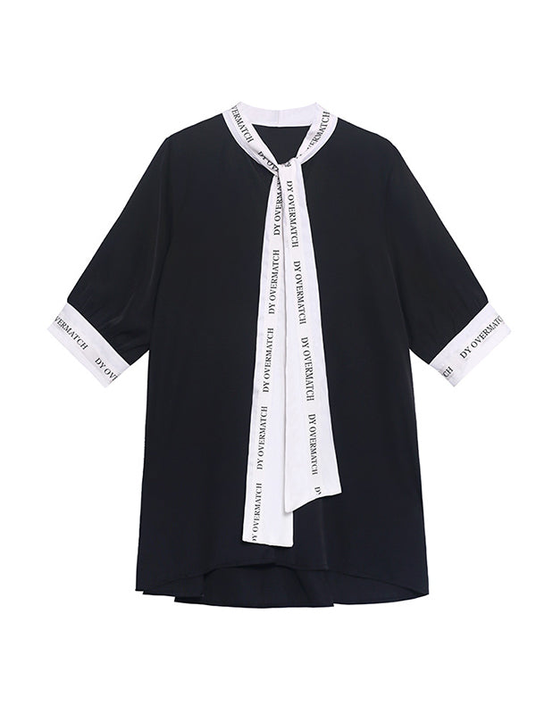 Contrast Color Lace-Up Letter Print Split-Joint Loose Short Sleeves Stand Collar Blouses