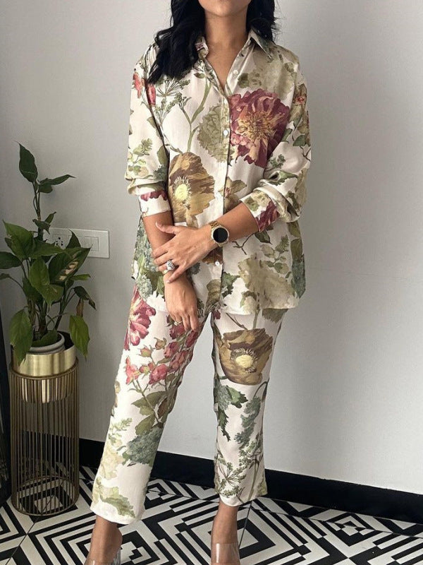 Lapel Long Sleeves Buttoned Flower Print Shirts Top + Ninth Pants Pants Bottom Two Pieces Set