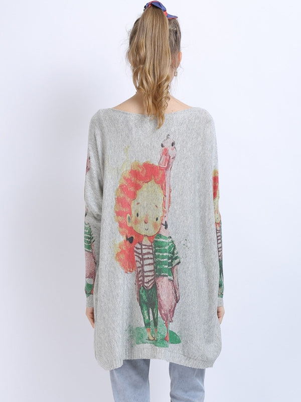 Urban Loose Batwing Sleeves Cartoon Printed Pullover