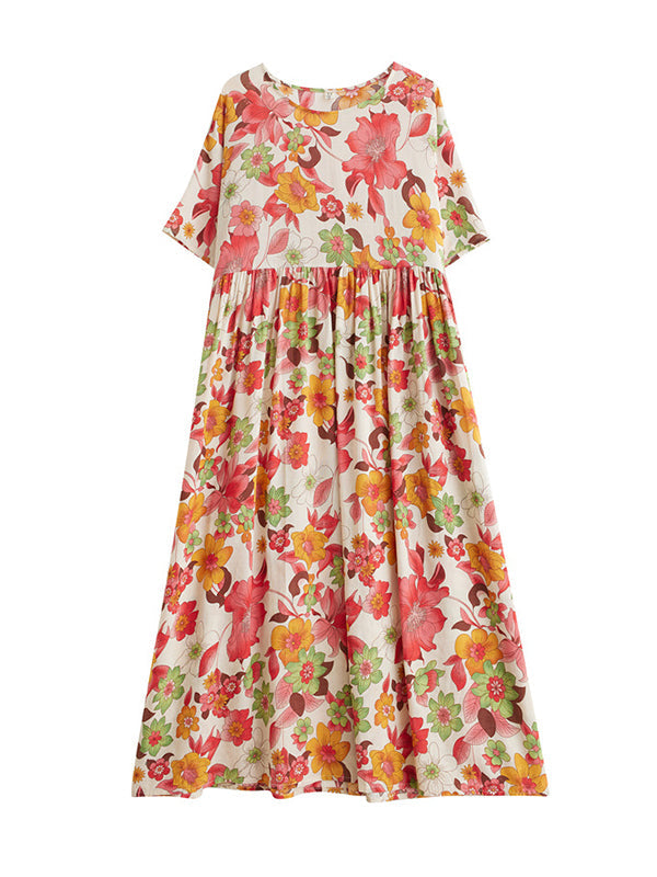 Pleated Printed Split-Joint Loose Short Sleeves Round-Neck Midi Dresses