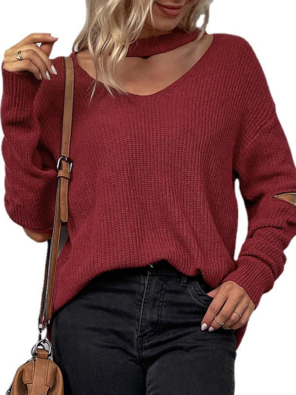 Hollow Solid Color Zipper Long Sleeves Loose V-Neck Sweater Tops Pullovers