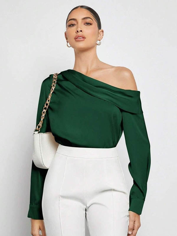 Pleated Solid Color Split-Joint Long Sleeves Skinny One-Shoulder Blouses&Shirts Tops