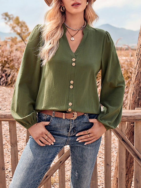 Buttoned Elasticity Long Sleeves Loose V-neck Blouses&shirts Tops