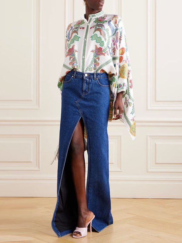 Buttoned Flower Print Batwing Sleeves High-Low Mock Neck Blouses&Shirts Tops