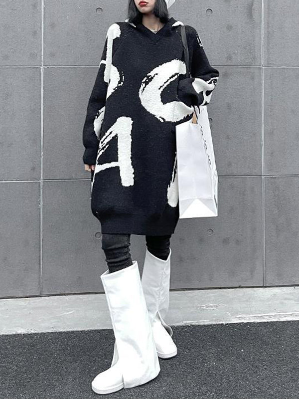 Knitted Letters Pockets Long Sleeves Loose Hooded Sweater Dresses Mini Dresses