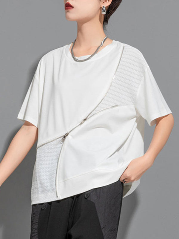 Asymmetric Split-Joint Zipper Loose Short Sleeves Round-neck T-Shirts Tops