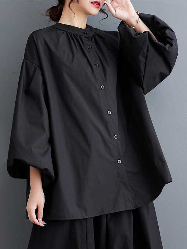 Buttoned Hollow Pleated Solid Color Loose Nine-Minute Sleeve Round-Neck Blouses&Shirts Tops