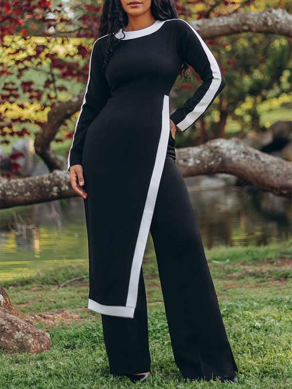 Split-side Striped Long Sleeves Loose Round-neck T-Shirt Tops&Pants Two Pieces Set