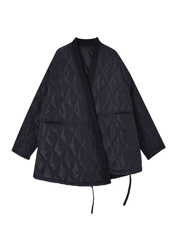 Plaid Quilted Solid Color Split-Joint Tied Long Sleeves Loose Collarless Padded Coat Outerwear