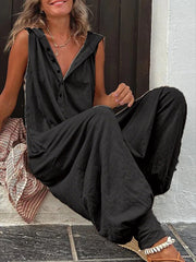 Buttoned Loose Sleeveless V-neck Jumpsuits