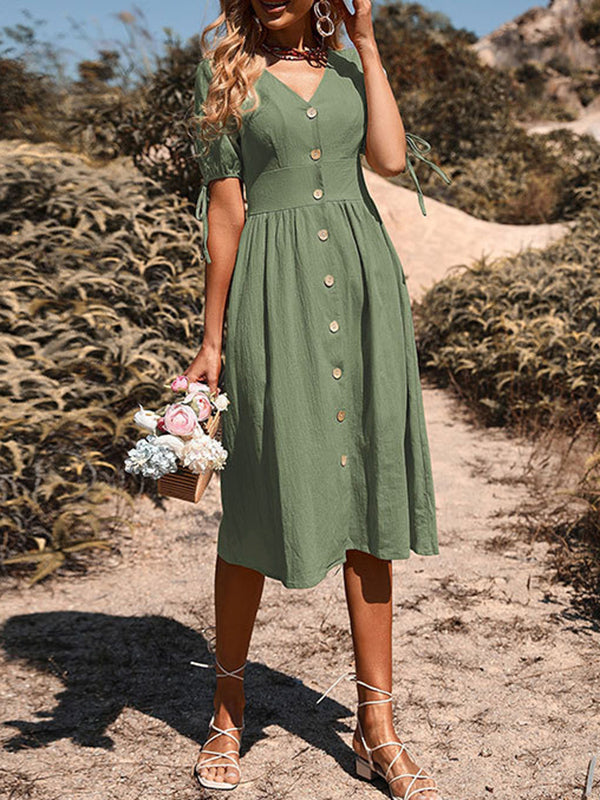 Buttoned Hollow Pleated Split-Joint Tied A-line High Waisted V-neck Midi Dresses