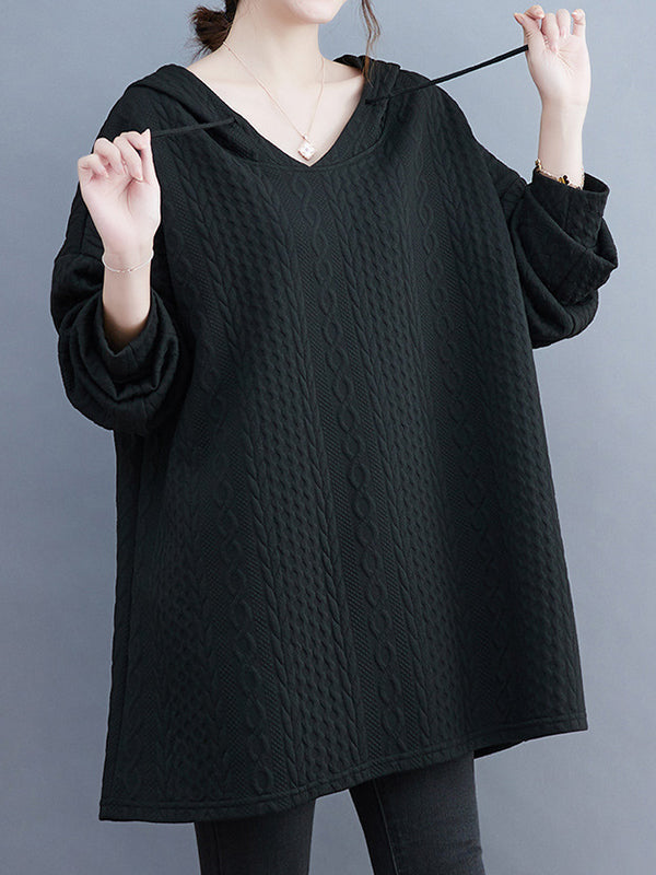 Drawstring Jacquard Solid Color Split-Joint Hooded Long Sleeves Hoodies Tops