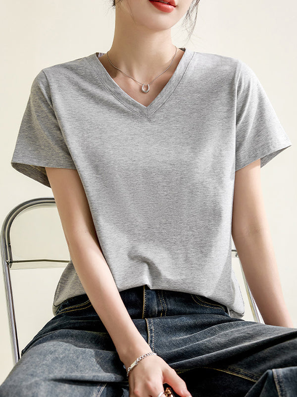 Solid Color Loose Short Sleeves V-Neck T-Shirts Tops