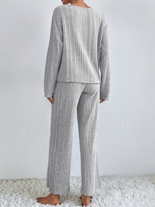 Solid Color Long Sleeves Loose V-Neck Shirt Top + Pants Bottom Pajama Sets
