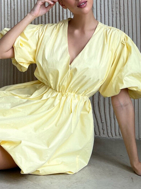 Pleated Solid Color Split-Joint Loose Puff Sleeves V-Neck Mini Dresses