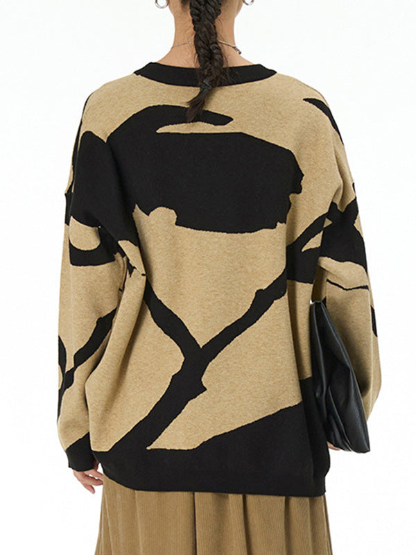 Contrast Color Velvet Long Sleeves Loose Round-Neck Sweater Tops Pullovers