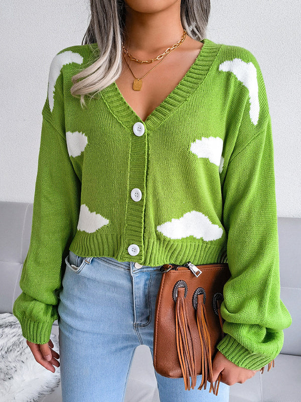 Buttoned Split-Joint Long Sleeves Loose V-Neck Cardigan Tops
