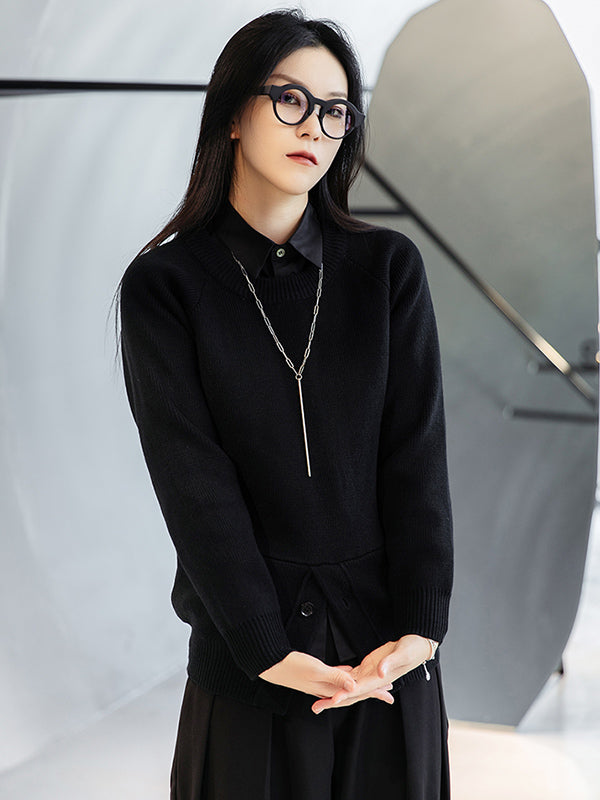 Simple Black Lapel Pockets Blouse