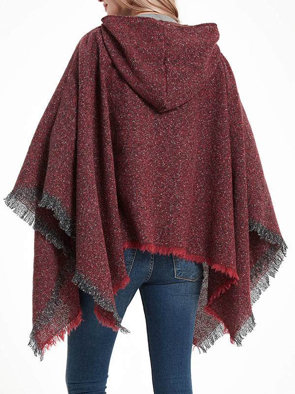 Fringed Hooded Keep Warm Solid Color Shawl&Cloak Cape