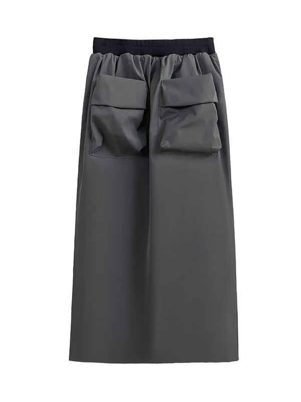 Pleated Pockets Split-Back A-Line High Waisted Skirts Bottoms