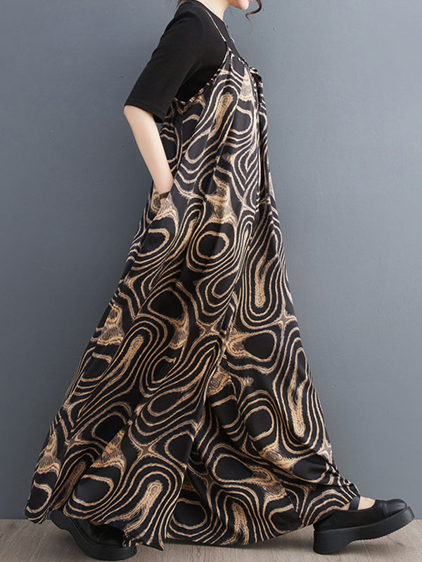 Printed Loose Wide Leg Spaghetti-Neck Overalls