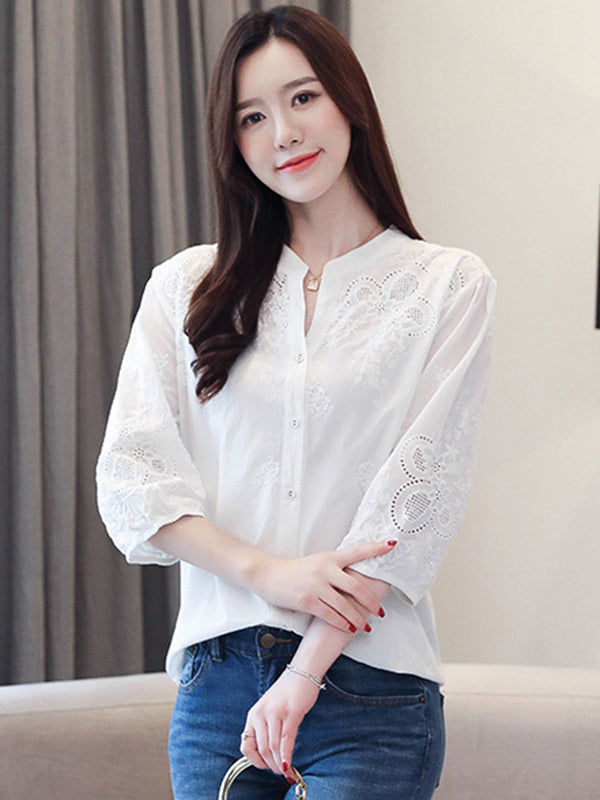 Vintage Half Sleeves Hollow Embroidered White Blouse