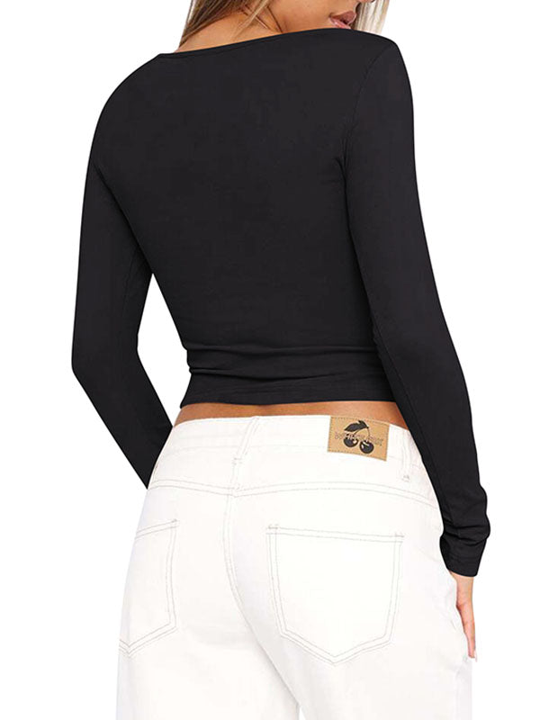 Solid Color Split-Joint Long Sleeves Skinny Round-neck T-Shirts Tops