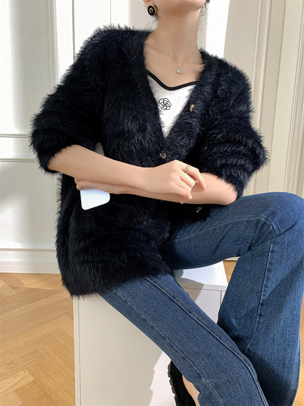 Casual Long Sleeves Loose Solid Color V-Neck Cardigan Tops