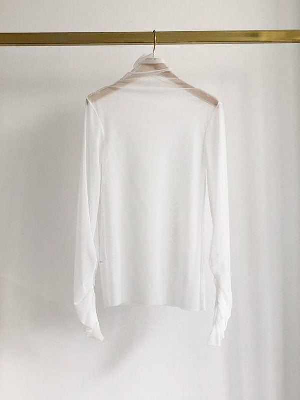 Gauze See-Through Solid Color Long Sleeves Skinny High Neck T-Shirts