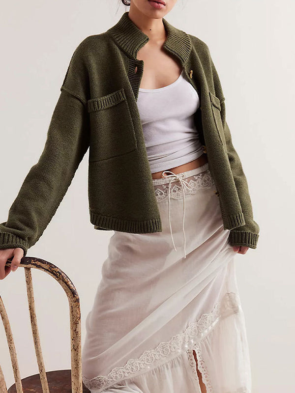 Buttoned Pockets Solid Color Split-Joint Long Sleeves Loose Stand Collar Cardigan Tops