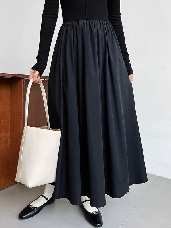Pleated Solid Color Split-Joint A-Line Long Sleeves Midi Dresses