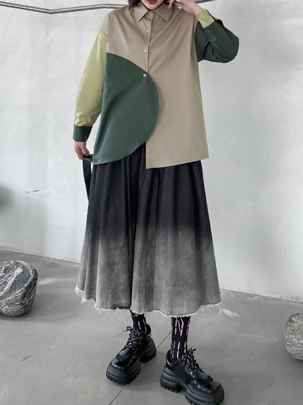 Asymmetric Buttoned Contrast Color Long Sleeves Loose Lapel Blouses&Shirts Tops