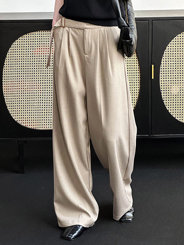 Belt Buckle Solid Color High Waisted Loose Trousers Suit Pants