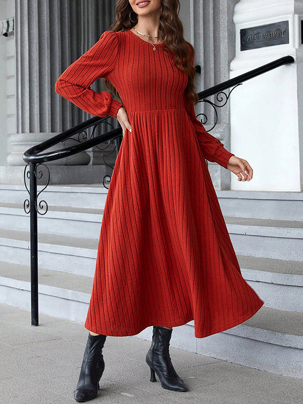 Solid Color Split-Joint A-Line Long Sleeves Round-Neck Midi Dresses