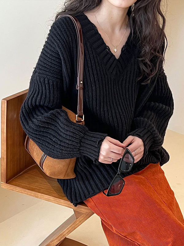 Hollow Solid Color Long Sleeves Loose V-Neck Sweater Tops Pullovers