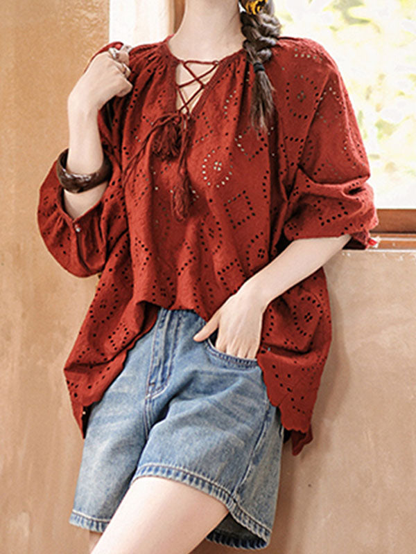 Hollow Pleated Solid Color Split-Joint Tied Long Sleeves Loose V-Neck Blouses&Shirts Tops